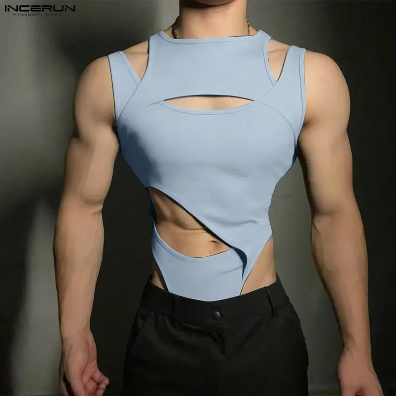 INCERUN Men's Bodysuit Solid Color Hollow Out Irregular Bodysuits For Man Summer Sleeveless Sexy Fashion Men Rompers Playsuits