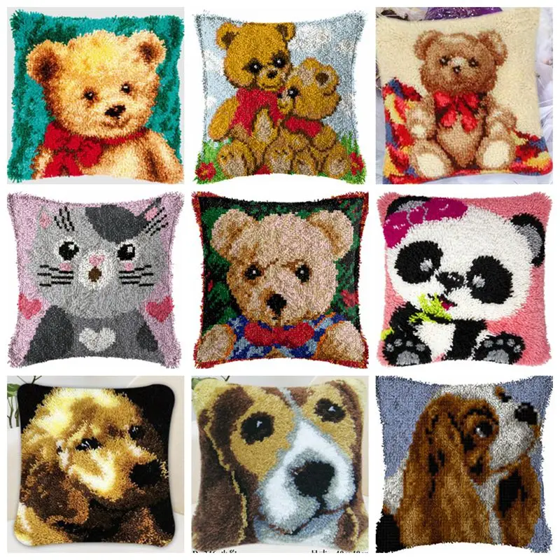 

Bear Animals Series Latch Hook Kits Dogs 3D Segment Embroidery Pillow Wool Cross Stitch Carpet Embroidered DIY Latch Hook Pillow