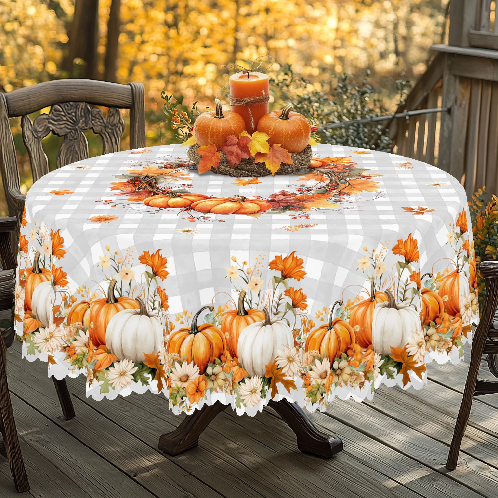 1 pièce de nappe ronde et rectangulaire sur le thème de la citrouille d'automne, différentes tailles, nappe de conception imprimée à carreaux de citrouille et de fleur, décoration de nappe de fête de Thanksgiving, couverture de table pour la cuisine à la maison, utilisation de terrasse, parfaite pour la décoration d'automne