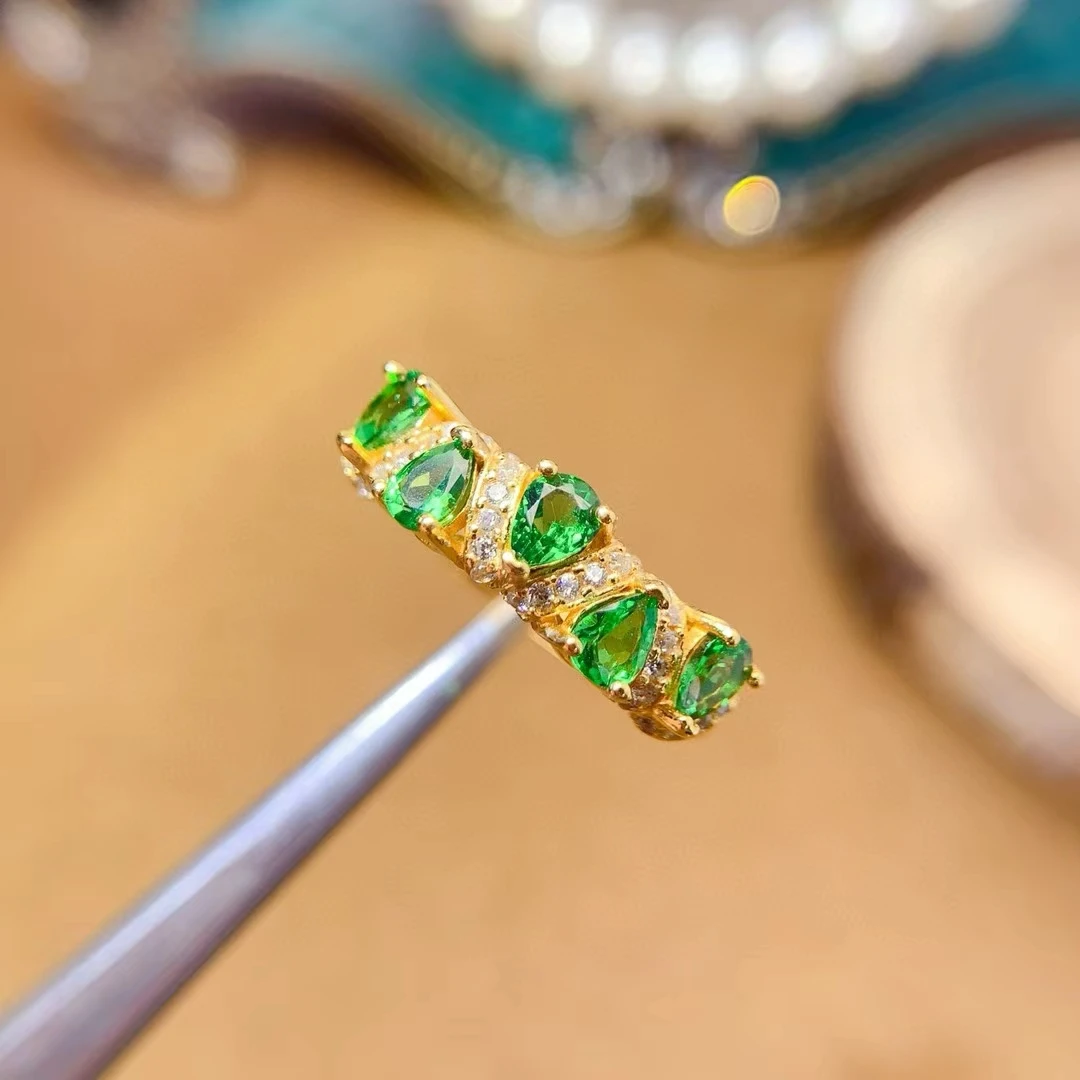 100% Natural Tsavorite Ring 3mm*4mm Total 0.6ct Genuine Tsavorite Silver Ring with 3 Layers 18K Gold Plating