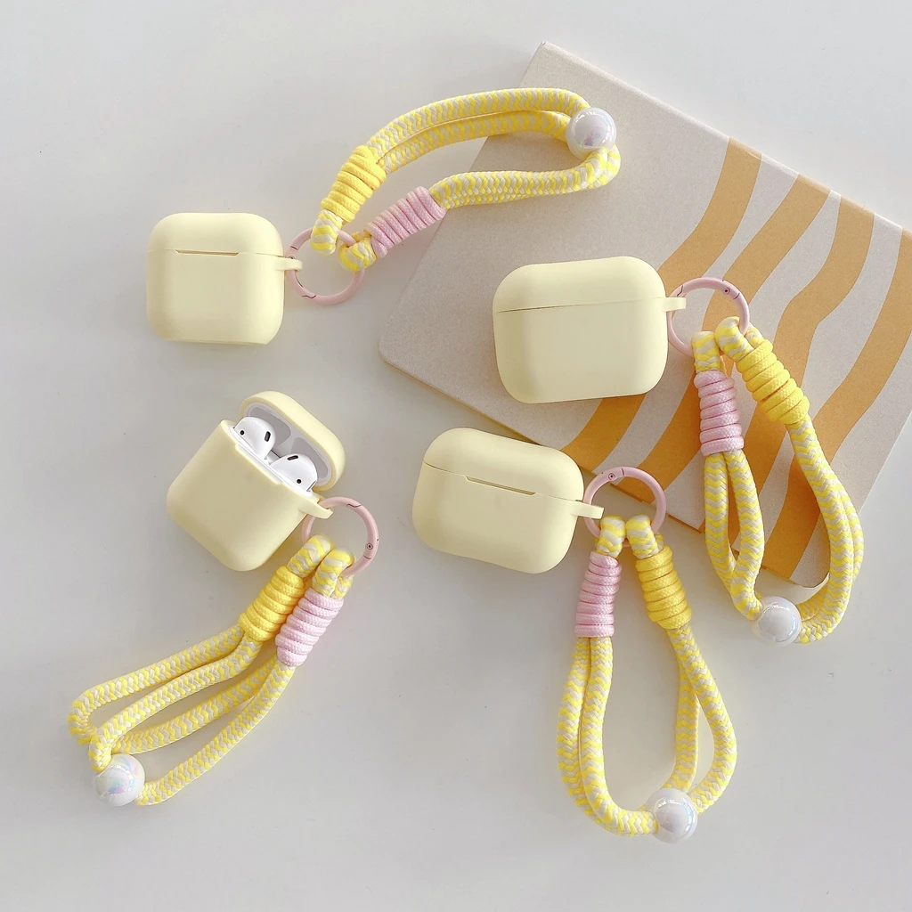 Minimalist Yellow Matte Soft Silicone With Bead Braided Lanyard Earphone Cover Case for AirPods 1 or 2 3 4 5 Pro 2 Pro 3