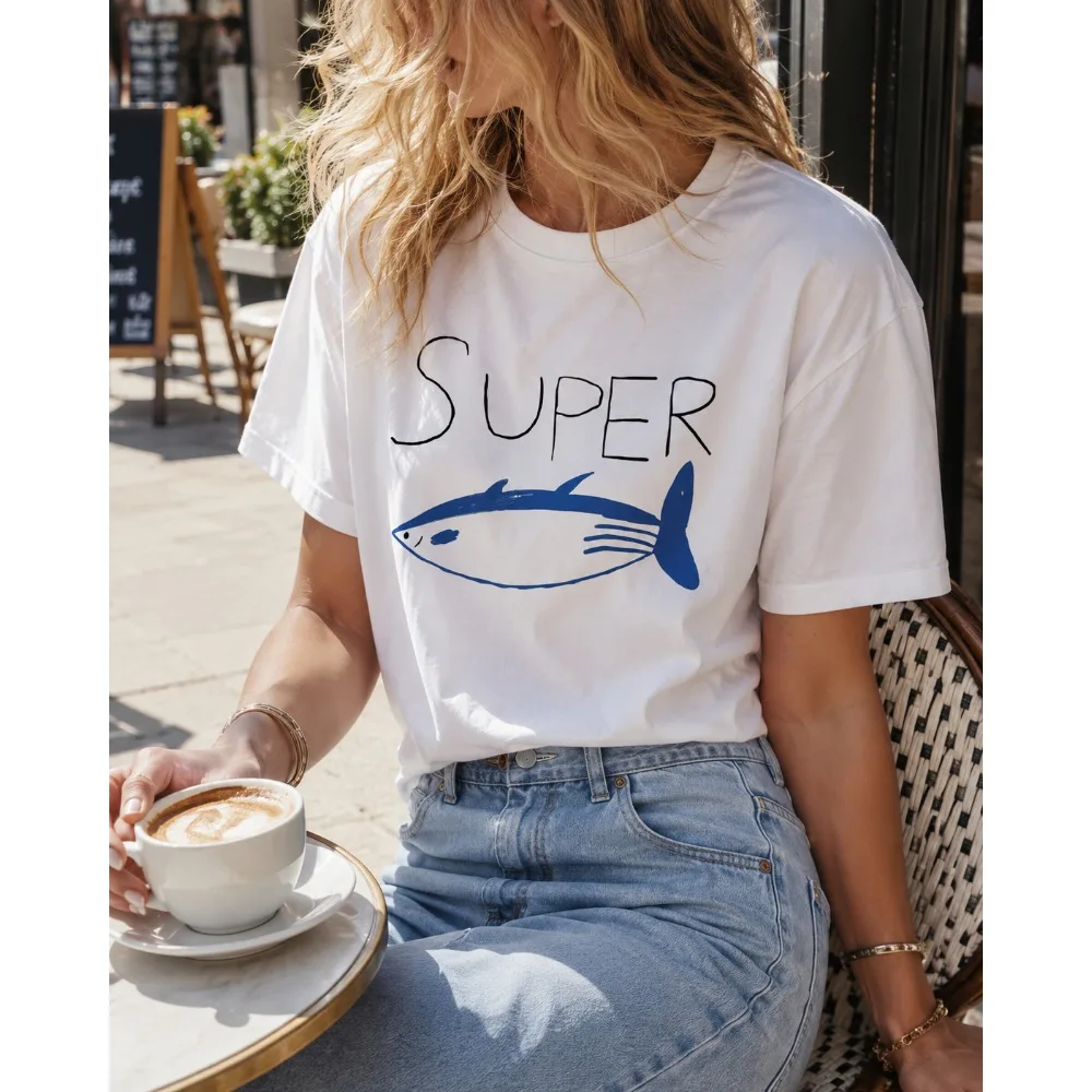 Kpop Korean Jin Super Tuna Fish T-shirts Fashion Vintage Short Sleeve T-shirt Women Clothing Casual Top Playful Design harajuku