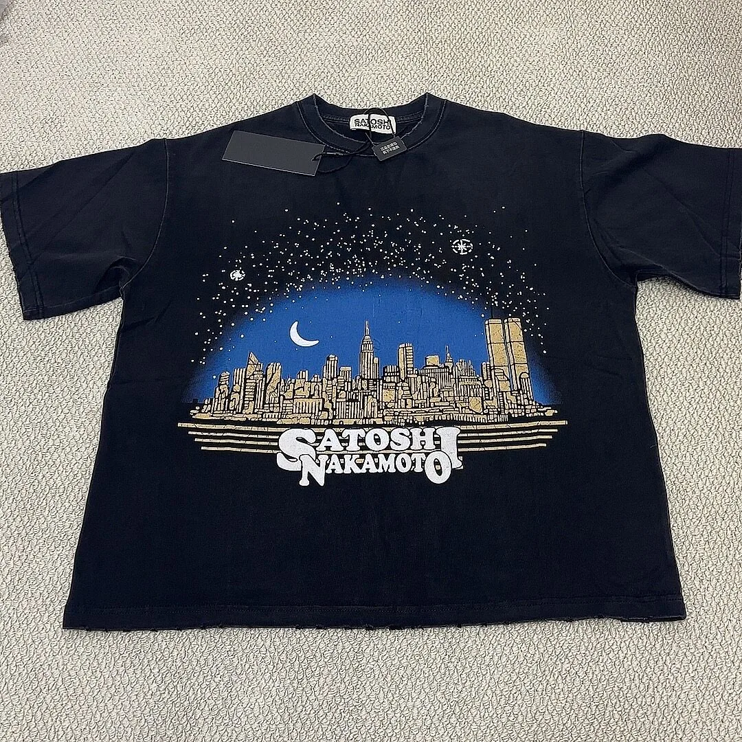 Oversized Cottom SATOSHI Tshirts Starry Sky Castle Crack Print Round Neck Short Sleeve Summer Vintage Washed Worn Men Women Tee