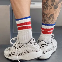 Vintage Men's Sports Striped Cotton Medium Tube Socks Unisex Women Couple Terry Socks Japanese Thick West Coast Sports Socks