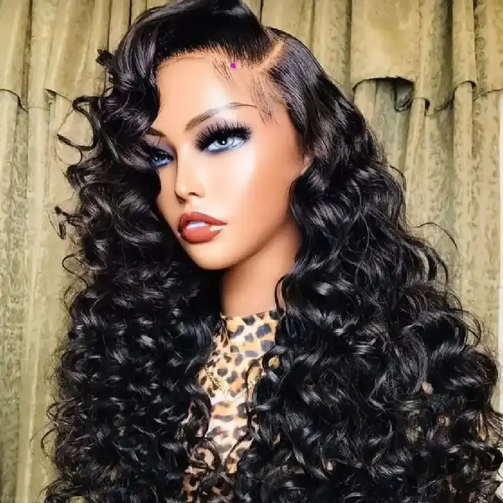 Prepluck tanpa lem lembut 26 inci panjang hitam keriting 180 kepadatan gelombang dalam renda depan Wig untuk Afrika wanita Babyhair Cosplay harian