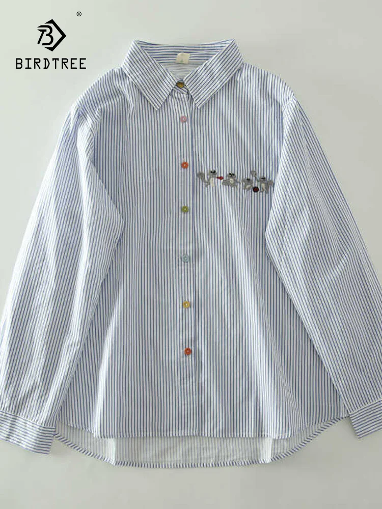 

Новая женская хлопковая рубашка с длинным рукавом на весну 2026 года, с вышивкой на лацканах, в полоску, в стиле Mori Girl, свободная блузка в стиле преппи для повседневной носки T62920CC