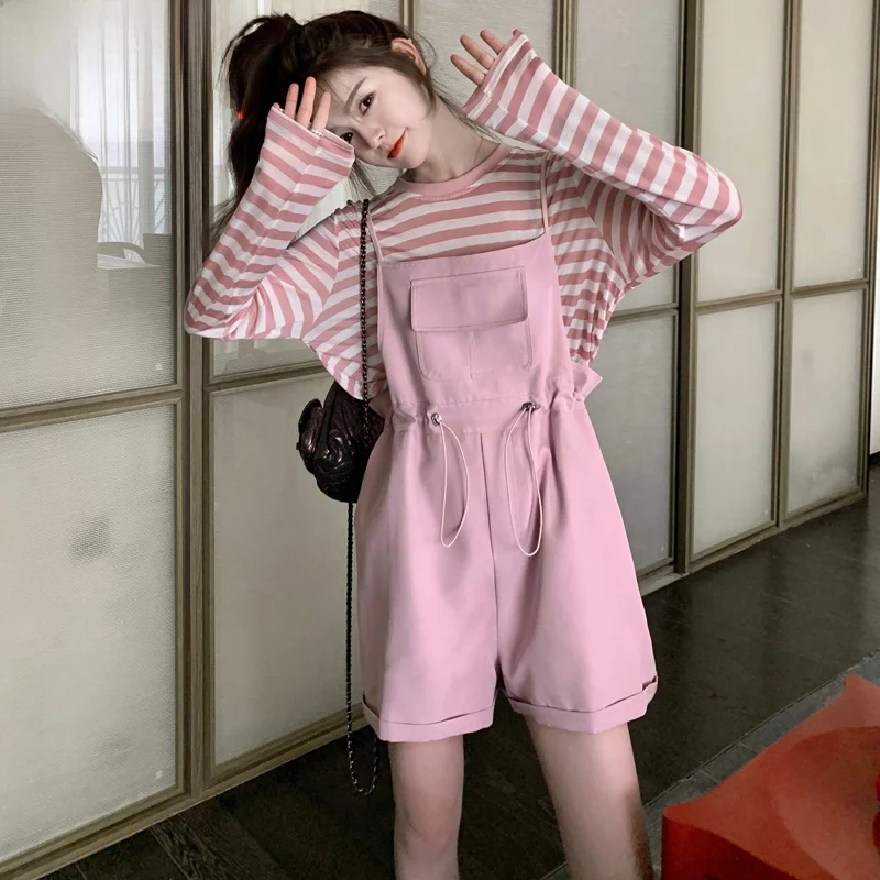 Elegancki zestaw: koszulka w paski i ogrodniczki damskie, styl uniwersytecki, letni nowy model, wzór kaktusa, spodnie jednoczęściowe, wysoki stan lub...