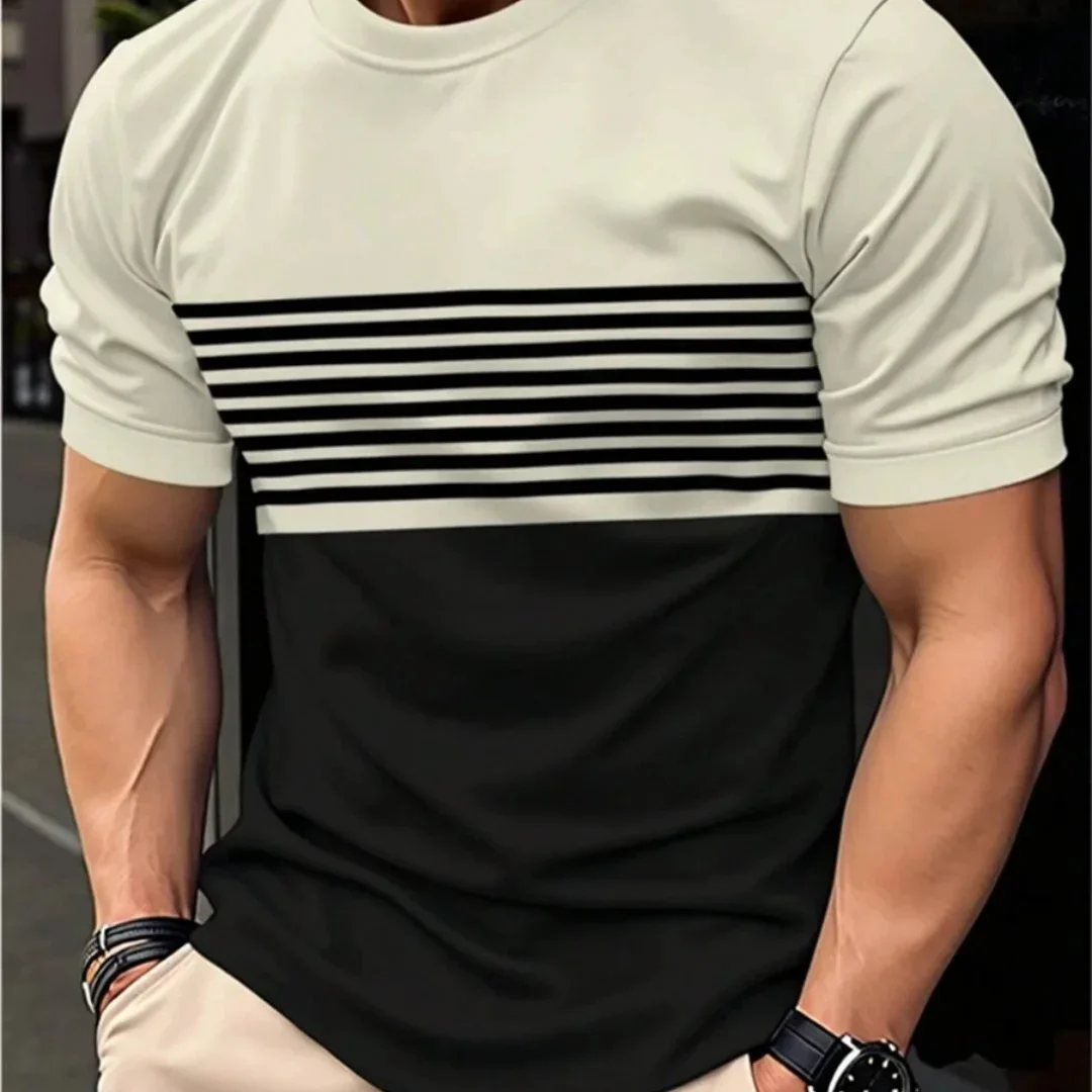 Fashion New Men's Color Block Striped Crew Neck T-shirt 3D Spliced Printed Short Sleeve Casual Summer Loose Breathable Tee Tops