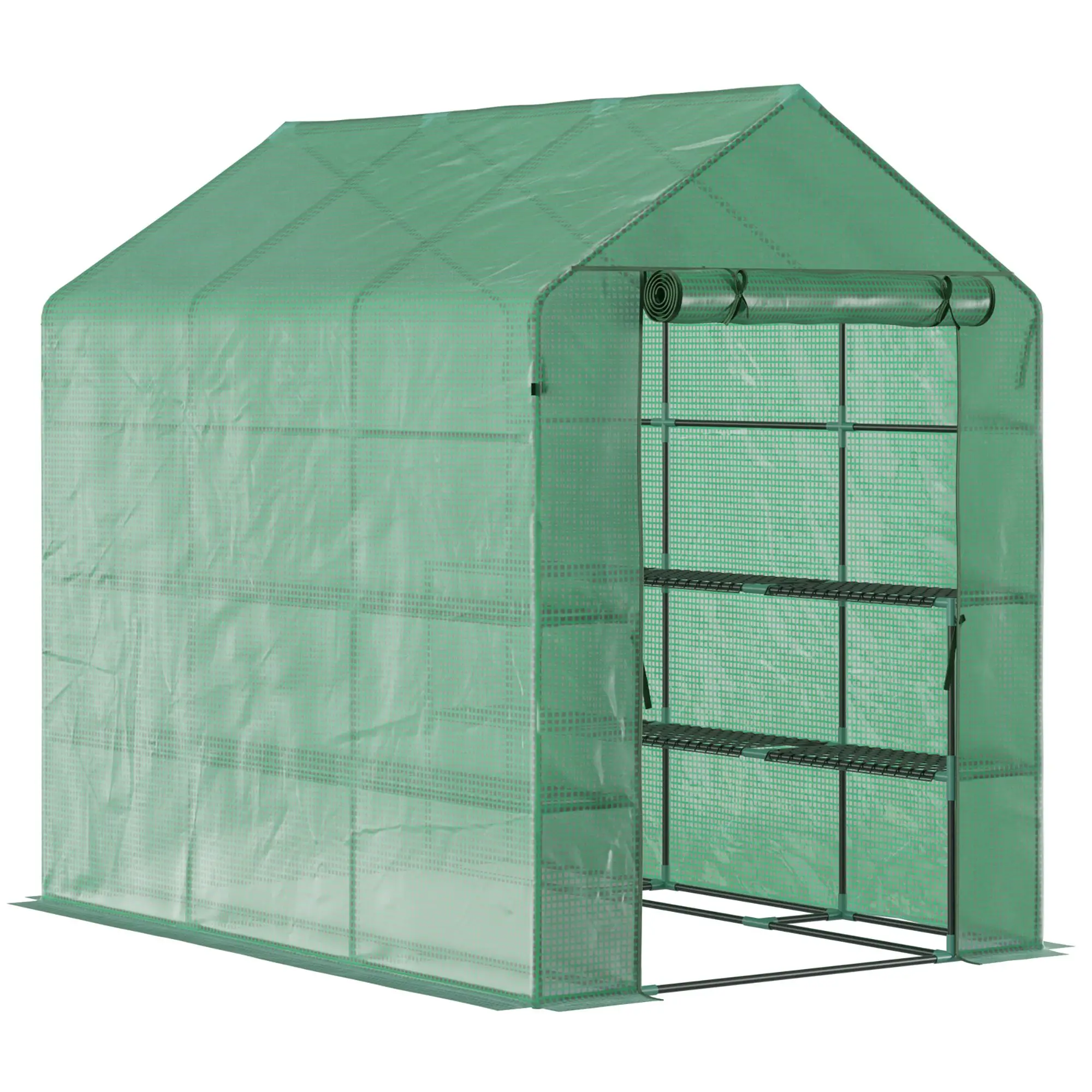 7' x 5' x 6' Walk-in Greenhouse for Outdoors with Mesh Door, 18 Shelf Hot House with Trellis, Plant Labels, UV Protective for Growing Flowers, Herbs, Vegetables, Saplings, Green