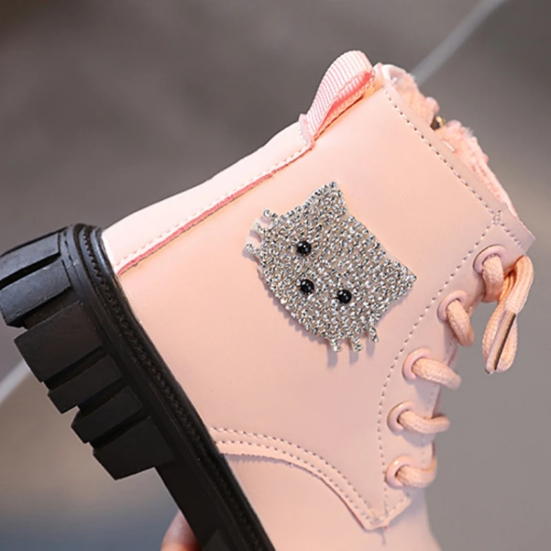 Autumn Children\'s Fashion Boots Rhinestone Cartoon Cat Baby Girls Ankle Boots Non-slip Kids Riding Boots Shoes