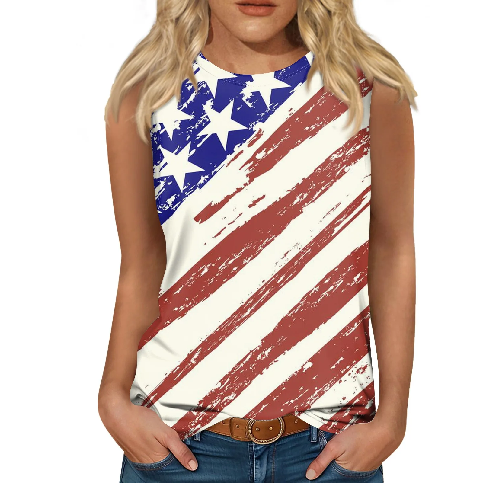 Women'S Fashion Lightweight Round Neck Sleeveless Independent Day Printed Tank Top Women'S Summer European American Large Tshirt