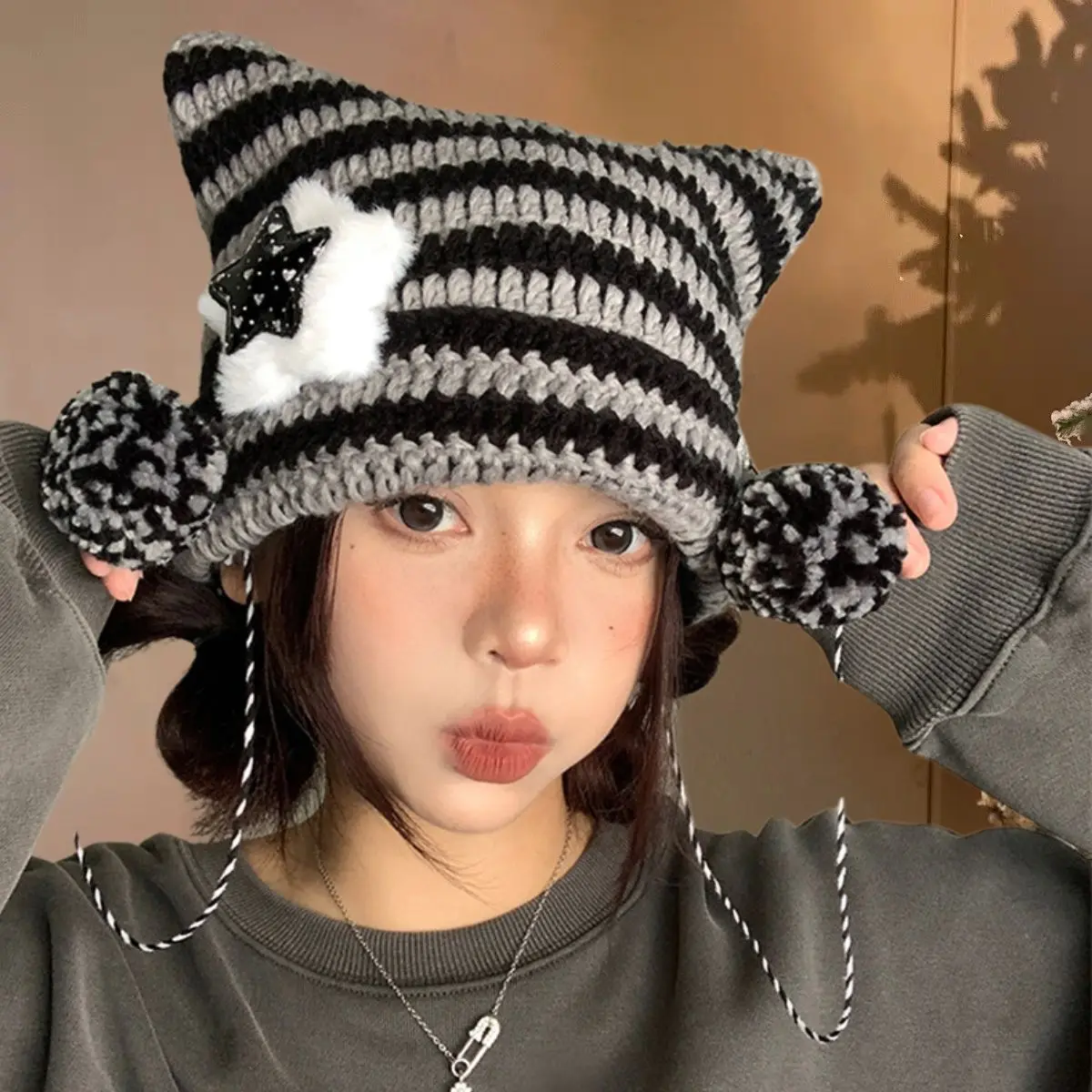 Y2K Beanie Hat Streetwear Harajuku Little Devil Striped Knitted