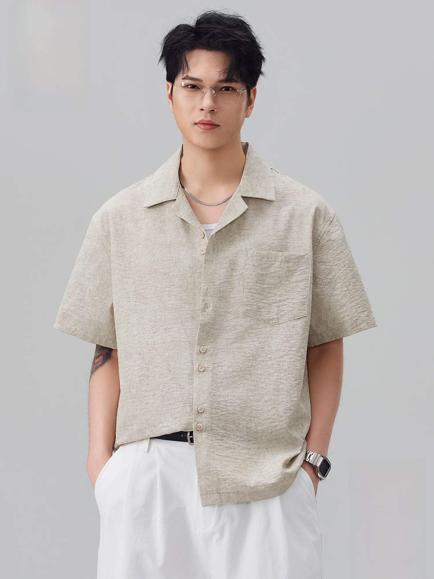 

PaulFrank Cuban Collar ort Sve Casual irt Men's Textured Loose Fit Breathable Cotton Polyester Blend Summer irt