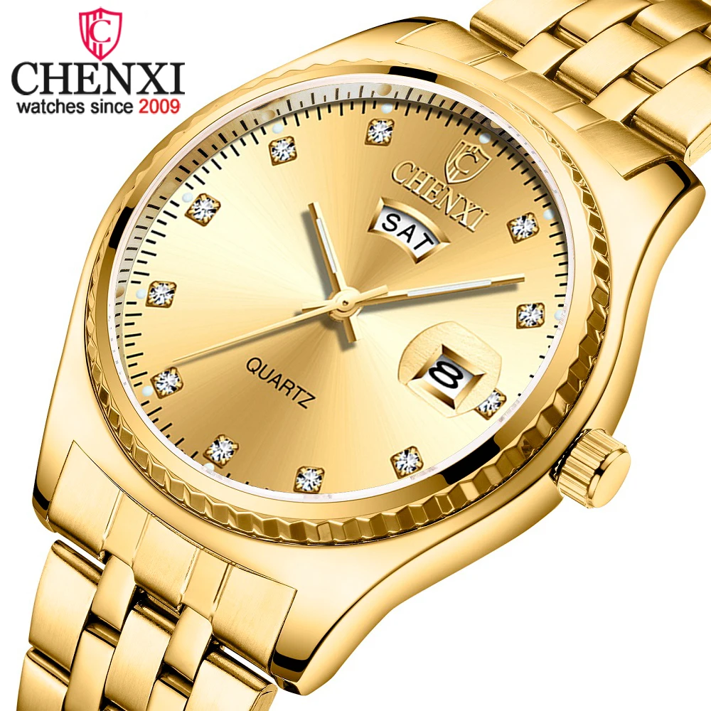 CHENXI Men Watches Luxury Golden Couple Quartz Watches Waterproof Calendar Week Design Analog Wristwatches Lovers Gifts