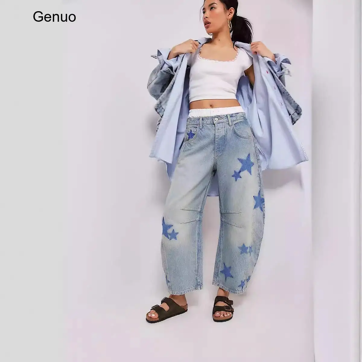 2026 Vintage Floral Print Barrel Leg Denim Jeans Mid Rise Loose Casual Wide Leg Full Length Trousers for Women