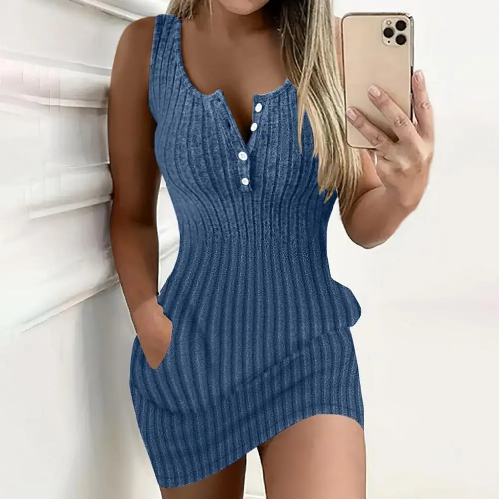 Lady Solid Color Dress Chic V Neck Sundress Stylish Solid Color Sheath with Side Pockets Flattering Skinny Fit for Women V-neck