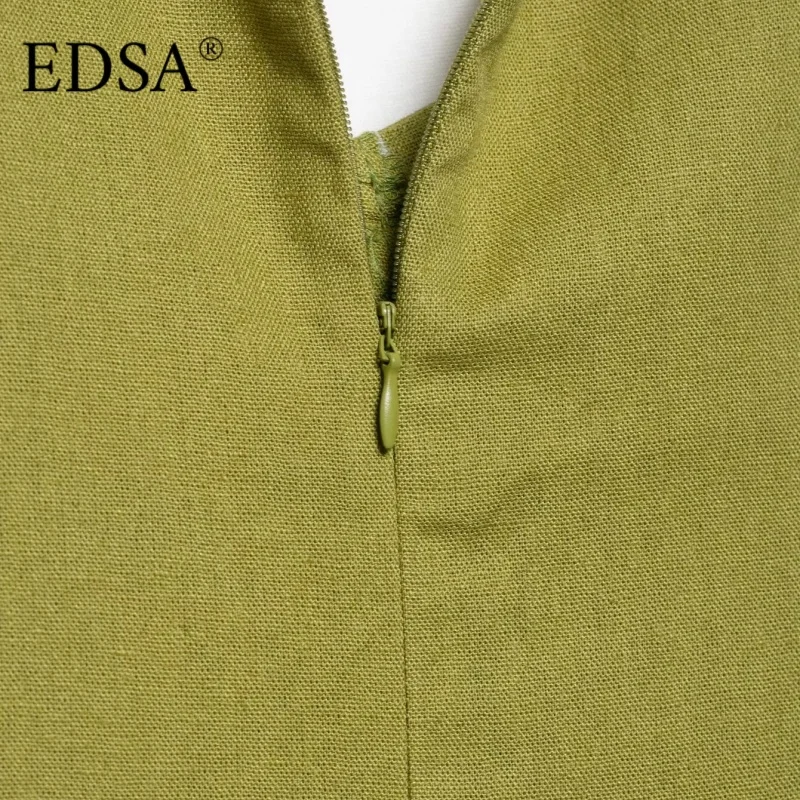 EDSA Damen Vintage-Midikleid aus Leinen, quadratischer Ausschnitt, ärmellos, geteilter Saum, Reißverschluss hinten, langes Kleid für Party