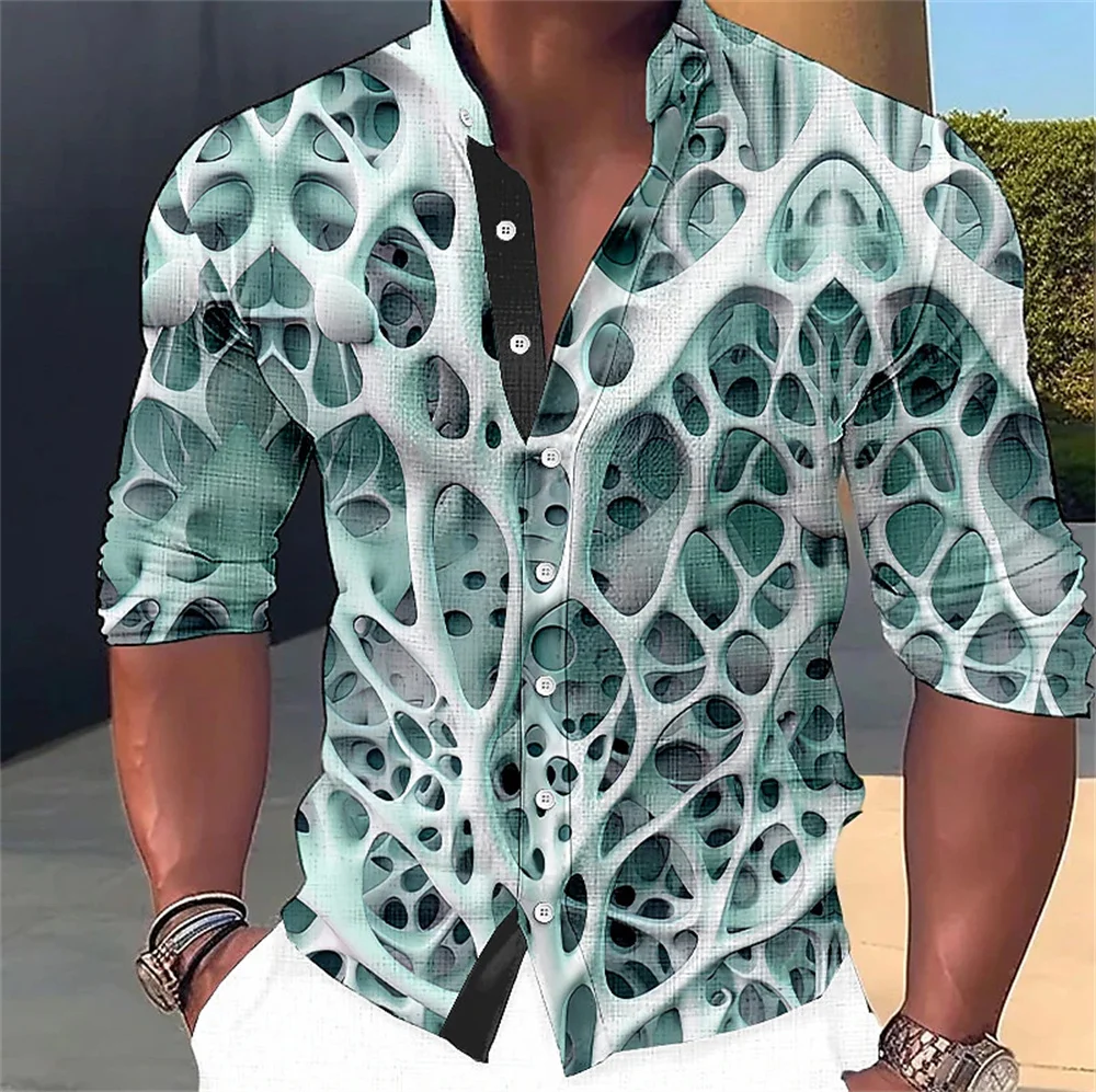 Men's long sleeved shirt 3D abstract printing standing collar button up shirt fashion street designer designs men's clothing