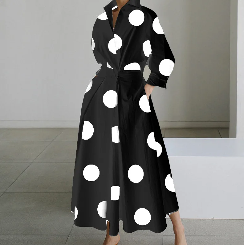 

Women Polka Dot Pleated Midi Dress, Long Sleeved Women Clothing With A Lapel, Waist Tied, Urban Fashion Spring And Autumn, 2024