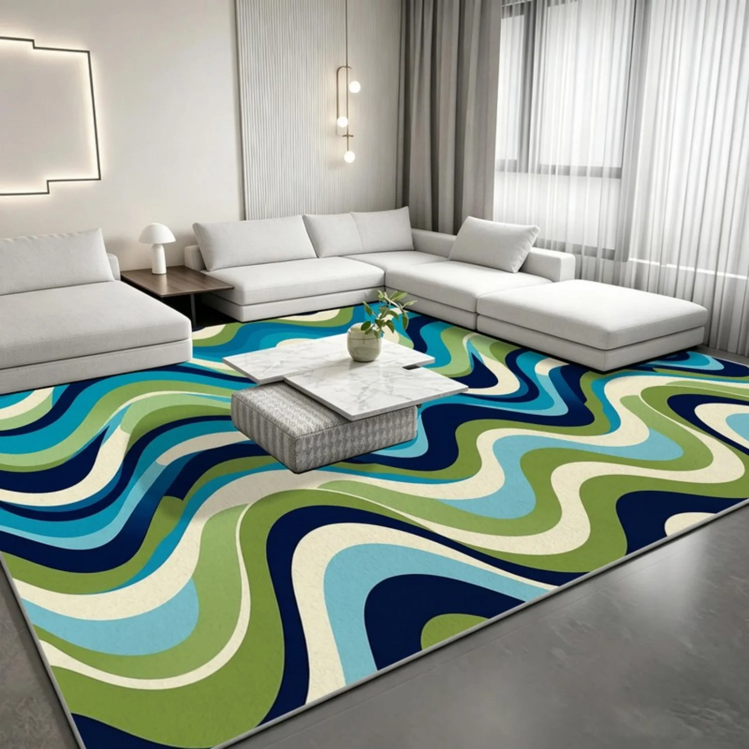 Room Decor Rug, Blue Green Alternating Wavy Line Print Area Carpet, Contemporary Abstract Wave Floor Mat, Plush rug for bedroom, rugs for livingroom, home decor, Large Rectangle Floor Rug For Open Living Spa