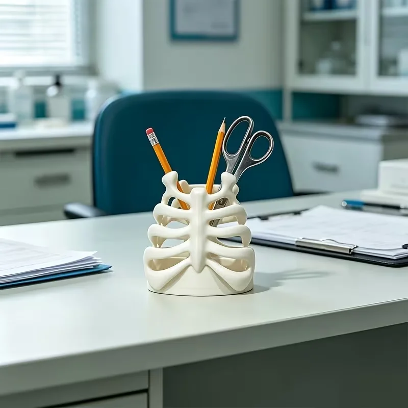 3D Printed Rib Cage Design Pen Holder Gothic Skeleton Pencil Cup Desk Organizer Office Table Decor Halloween Desktop Decorative