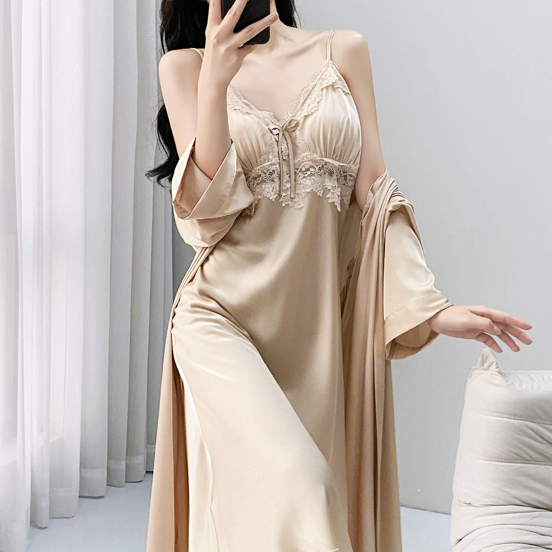 Elegant Female Long Robe Nightgown Set Sexy Hollow Out Lace Lingerie Suspender Nightdress Summer New Ice Silk Sleepwear Homewear
