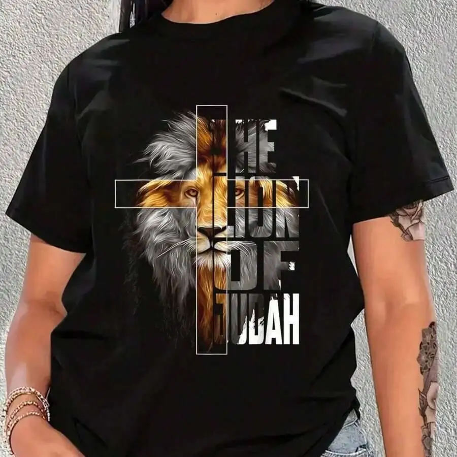 Christian Religious Jesus Lion Of Judah Easter Yeshua-Shirt Print Crew Neck-Shirt Women Shirts Sh Mens Clothes 100% Cotton