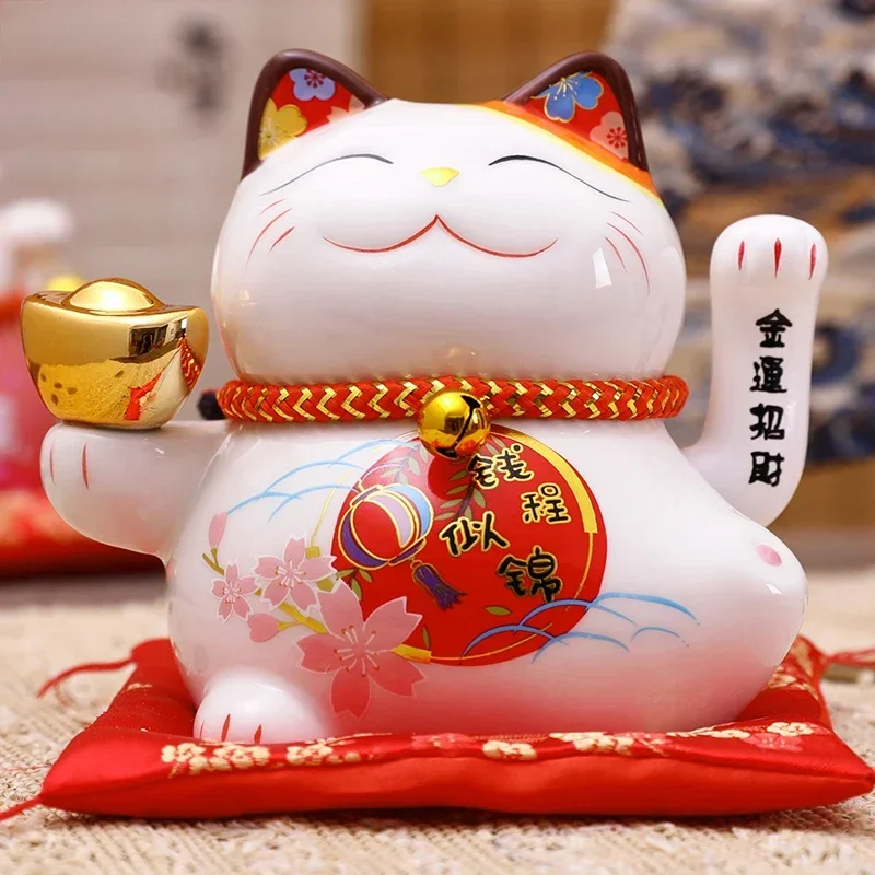 5 inch Ceramic Fortune Cat Waving Hand Lucky Cat Plutus Cat Battery Powered Feng Shui Maneki Neko Best Gift Home Decoration