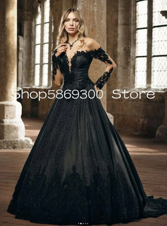 Black Gothic Wedding Dresses Customsized Long Sleeve Applique Lace Corset Bohemian Outdoor Bridal Gown Outfit Customsized