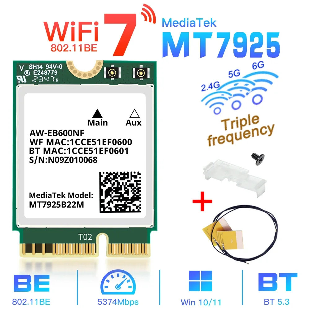 

WiFi 7 MT7925 Network Card Bluetooth 5.3 M.2 NGFF Wireless Adapter 5400Mbps Tri Band 2.4G 5G 6GHz Wifi7 Lan Card For Win 10/11