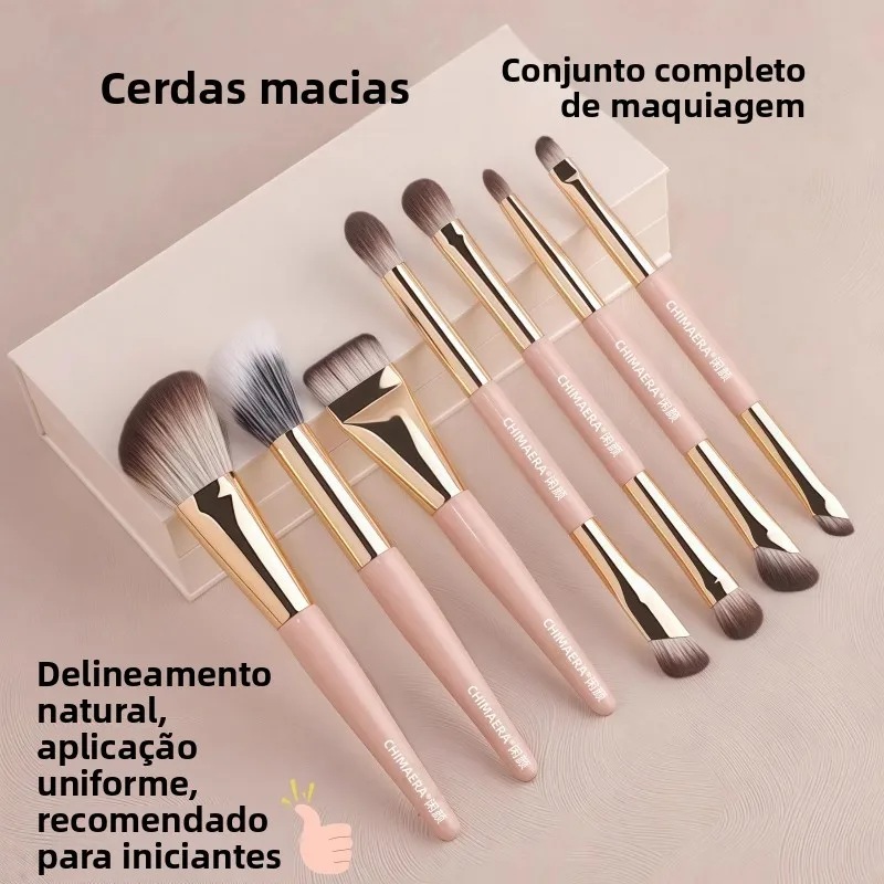 Conjunto de Pincéis de Maquiagem Compacto de Três Dobras com Espelho Integrado: Pincel de Base, Blush, Delineador e Lábios - ...