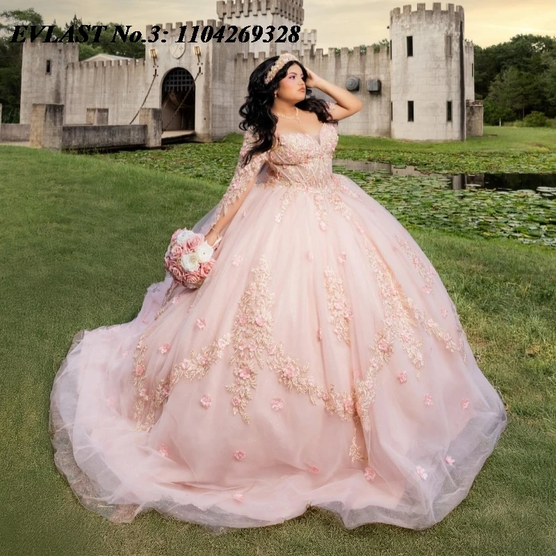 

EVLAST блестящее розовое платье Quinceanera по индивидуальному заказу, бальное платье с кружевной аппликацией и бисером, накидка, корсет Sweet 16, Vestidos 15 De Anos E3Q846