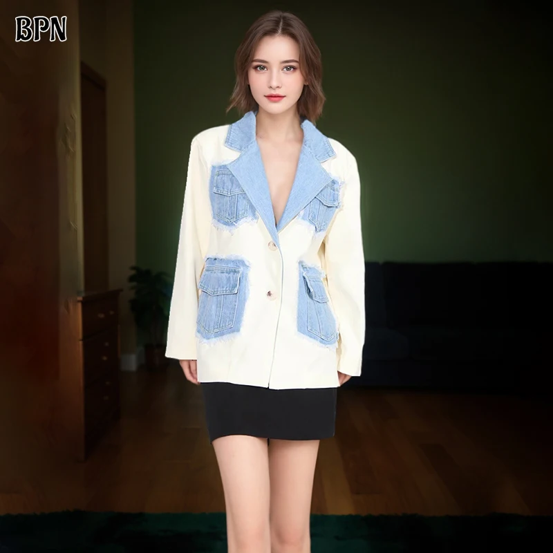 

BPN Casual Patchwork Denim Blazers For Women Notched Collar Long Sleeve Hit Color Spliced Buttons Minimalist Blazer Female Style