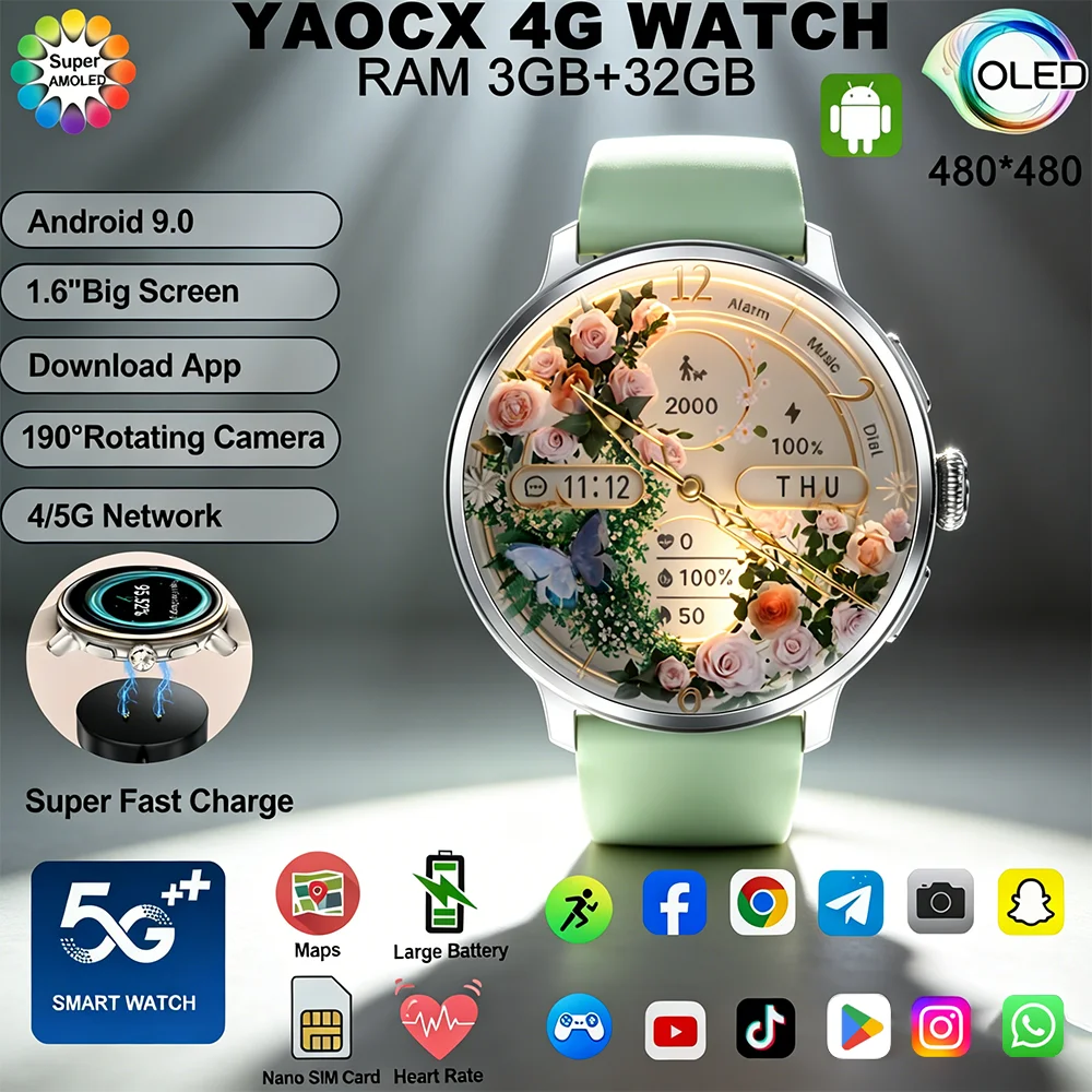 Reloj Inteligente 4G/5G 2026 con Pantalla AMOLED de 1.65 Pulgadas 480*480, Batería de 850mAh, Cámara de 200W, WIFI, GPS, Aplicaciones de Google, Asistente Bluetooth