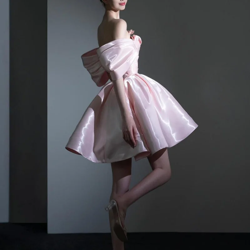 فستان خطوبة صغير وردي فاتح بدون أكتاف للتخسيس ملابس غير رسمية للحفلات المسائية وأعياد الميلاد