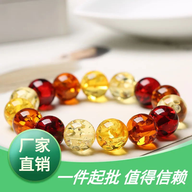 Baltic Piebald Amber Single Ring Bracelet Beeswax Amber Duobao round Beads Traveling Bracelet for Men and Women