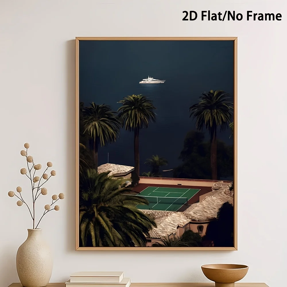 2D Flat, 2D Flat, 1pc, Frameless, Luxurious Coastal Style Wall Decor, Mediterranean Seaside View, Yacht, Palm Trees And Priva
