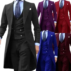 Suits for Men Peak Lapel Long Tail Coat 3 Pieces Blazer Vest and Pants Set Formal Wedding Dresses Ceremony Evening Party