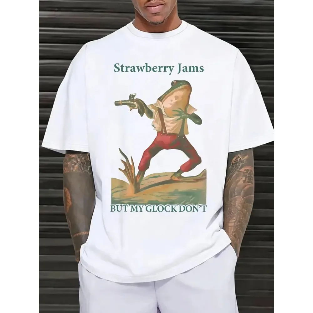

Soft Graphic Men's Casual Short Sleeve T-Shirt | Black with Teal "Strawberry Jams" Frog & "But My Glockdon" Print, Round Neck
