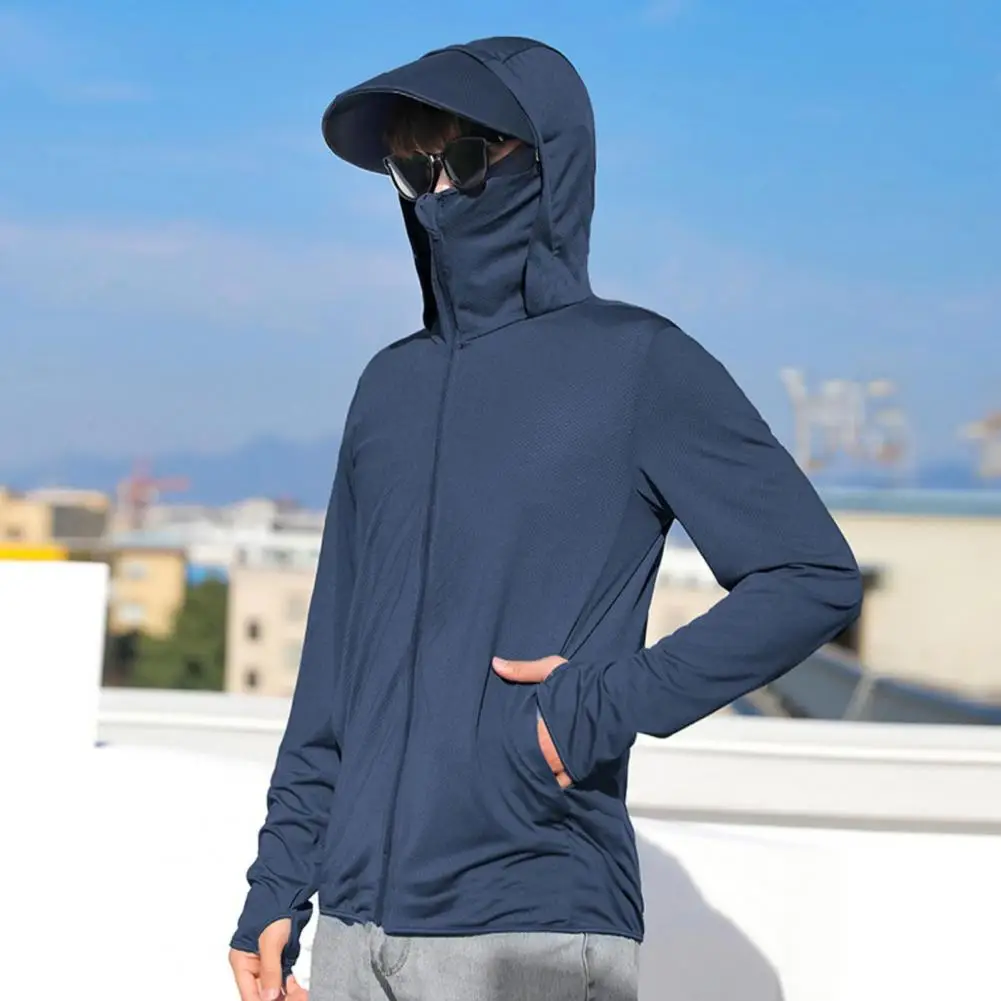 

Men Summer Sunscreen Coat Hooded Breathable Pocket Sunscreen Jacket Anti-UV Solid Color Long Sleeves Sun Protection Clothing