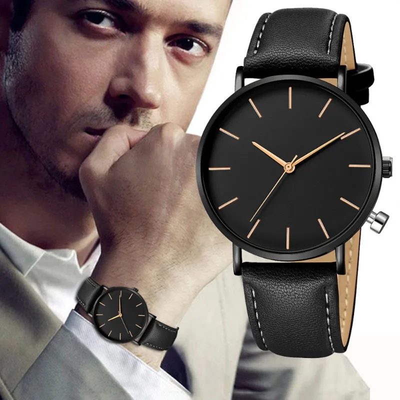 Simple Ultra‑thin Men Watch Fashion Classic Round Dial Leather Band Analog Quartz Wristwatch Business Casual Male Watch Gift