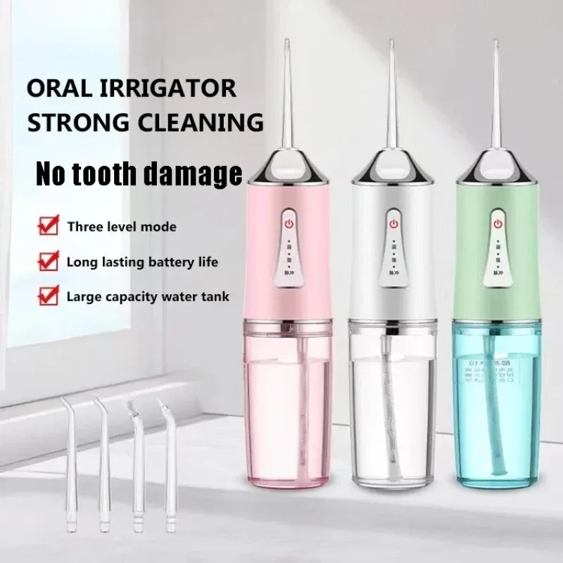 Electric oral irrigator, wireless water flosser with 4 jet tips, 220ml water tank, and 3 cleaning modes