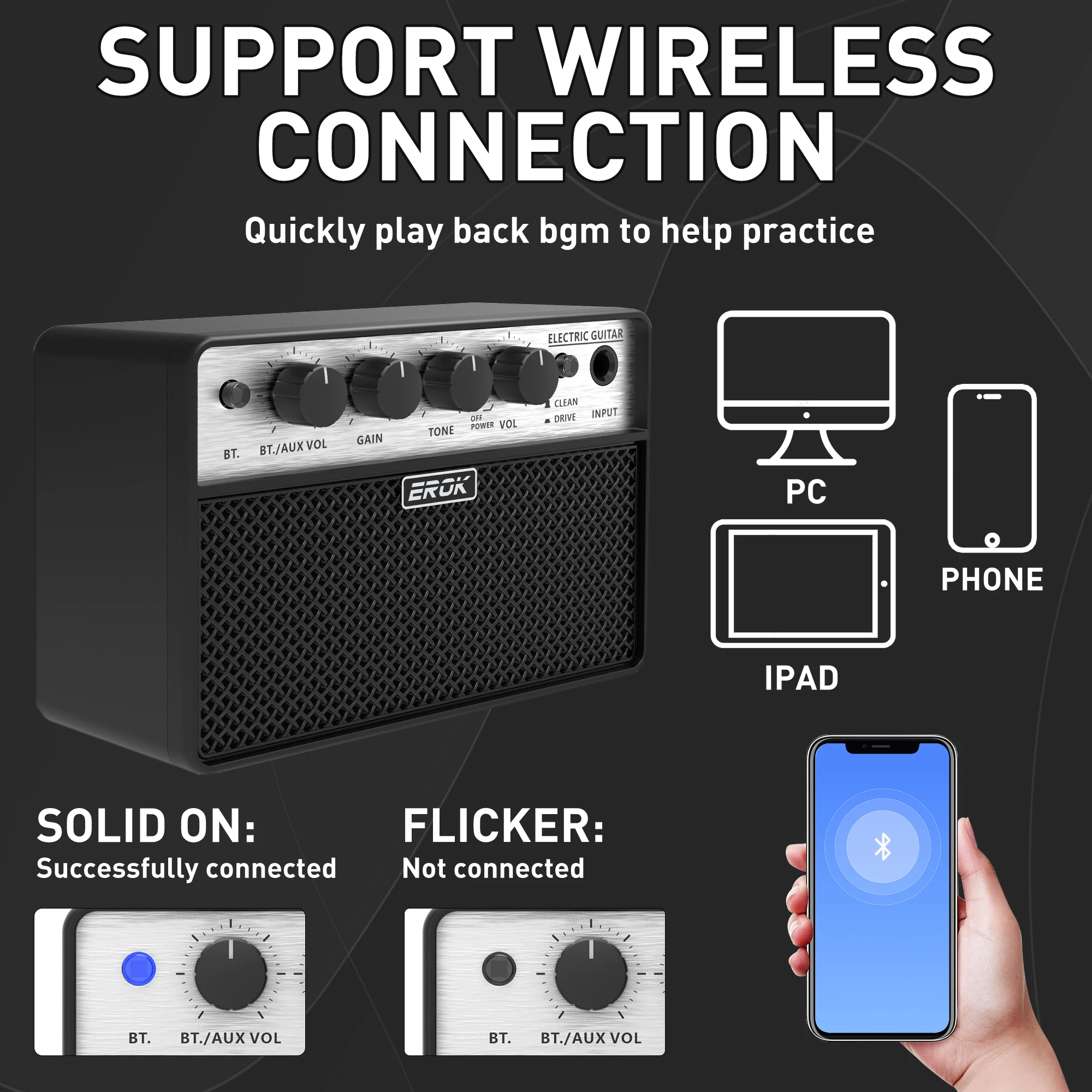 

EROK Mini Bluetooth Guitar Amplifier Portable Electric Guitar Bass Amp Clean Drive Effect Speaker Home Practice Audio Accessory
