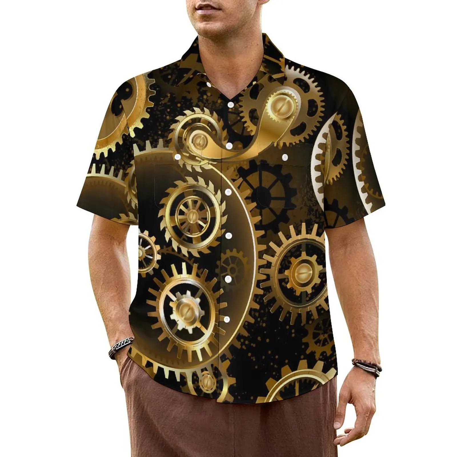 

Golden Steampunk Vacation Shirt Men Brass Gears Print Classic Casual Shirts Hawaiian Short Sleeves Y2K Street Oversized Blouses