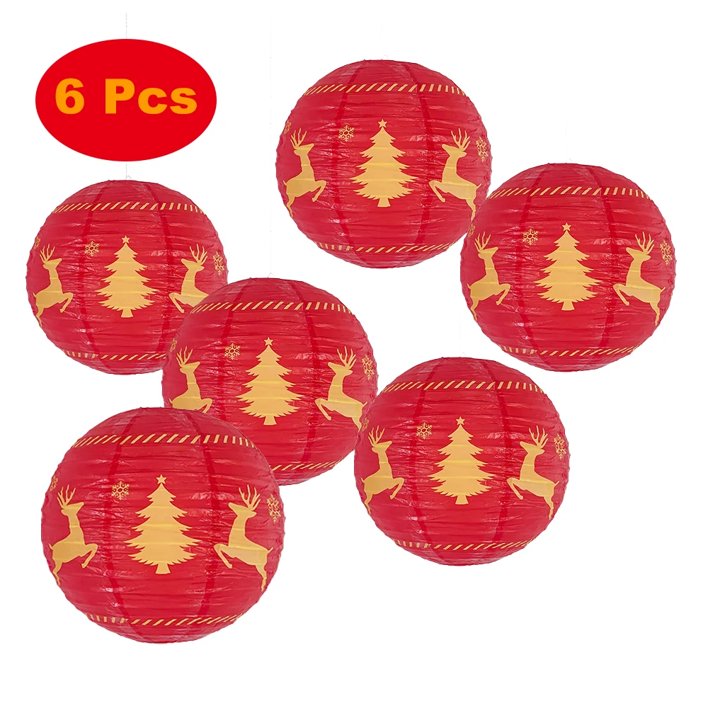 

6 Pcs Christmas Hanging Paper Lanterns 30cm Round Red Christmas Party Lanterns Xmas Tree Elk Paper Lampion for Home Decoration