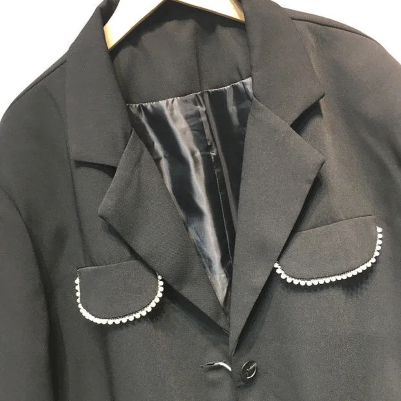 Luxury Designer Clothing Beading Long Sleeve Blazer Women Black Suit Korean Fashion Jacket Loose Office Ladies Coats