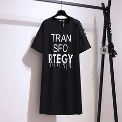 Plus-size Women's Summer Casual commute loose comfortable cotton T-shirt Black letter-printed round neck short-sleeved top large