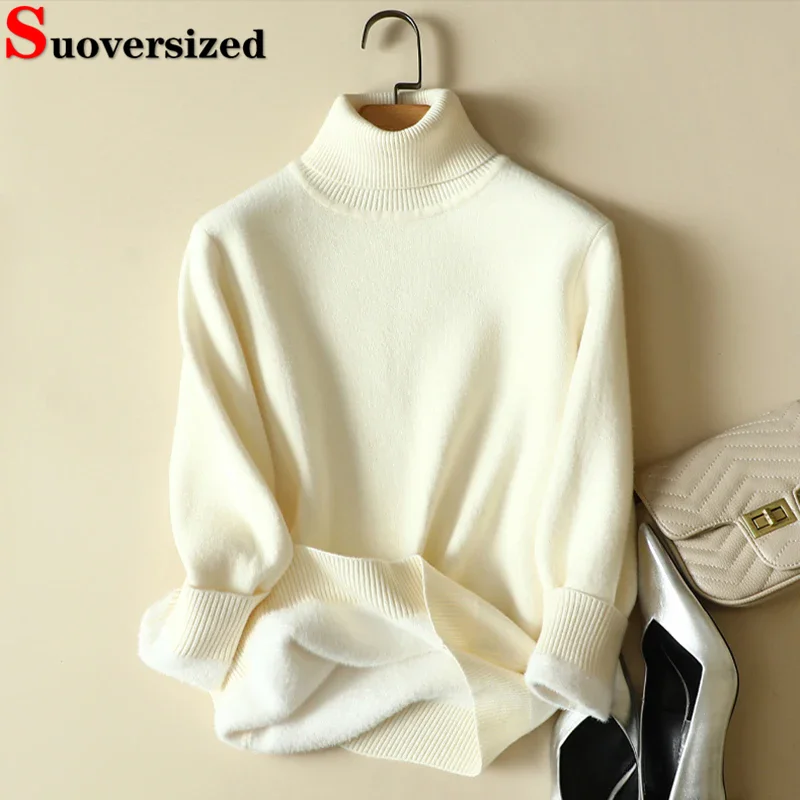 

Winter Turtleneck Sweater Women Big Stretch Imitation Mink Lined Pullover Thicken Warm Knit Tops Soft Slim Knitwear Jumper New