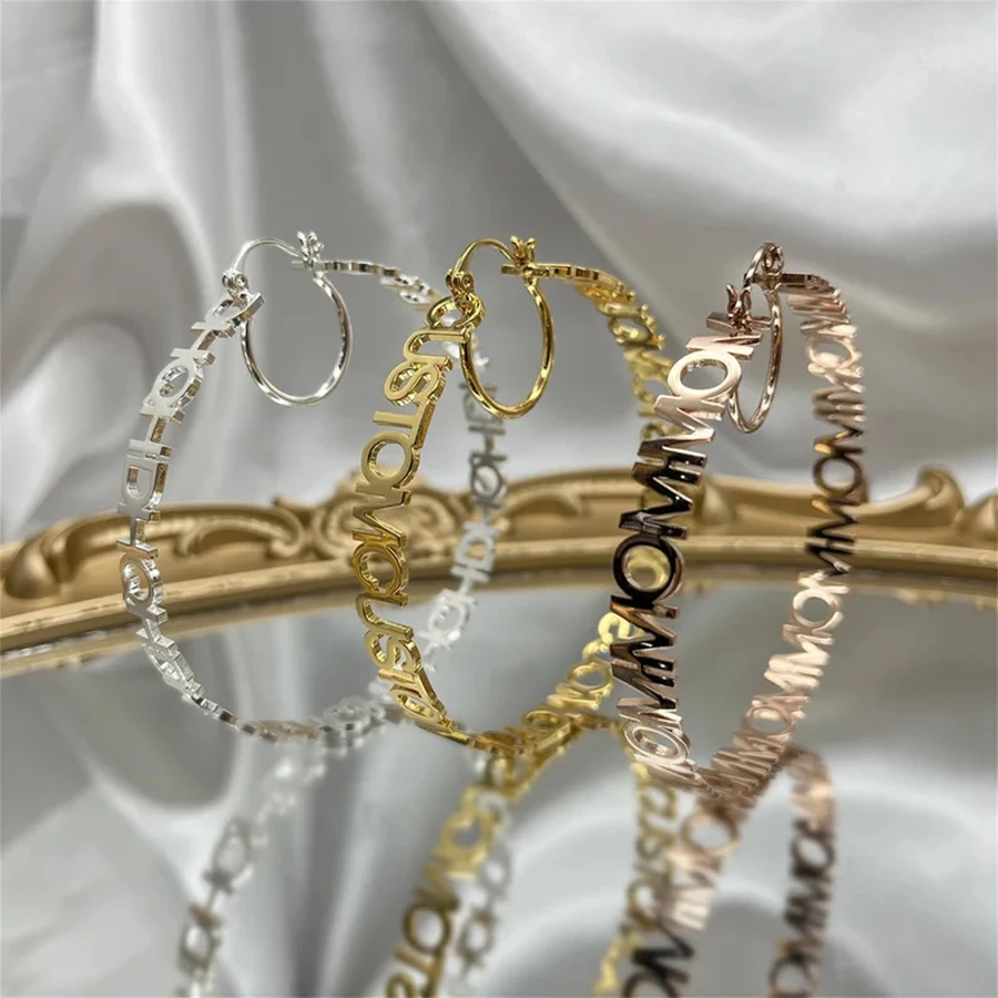 Acheerup Personalized Name Earrings for Women Stainless Steel Custom Letter 40-100mm Size Hoop Earrings Birthday Jewelry Gift
