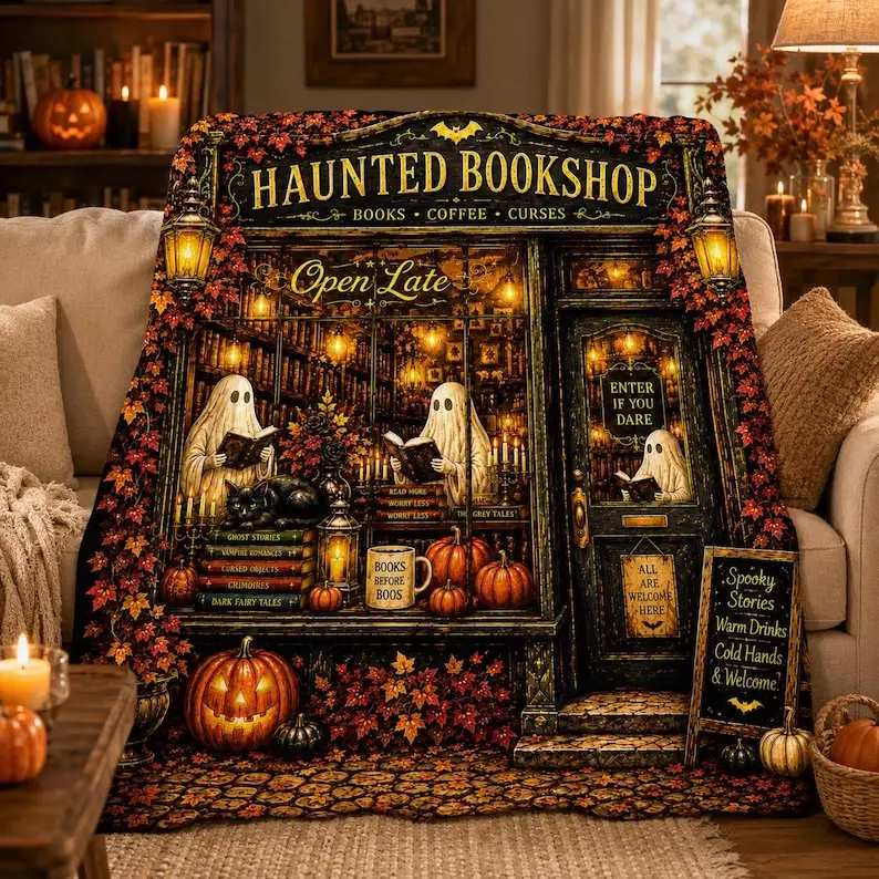 Haunted Bookshop Halloween Blanket, Cozy Reader Throw, Book Lover Gift, Spooky Reading Blanket, Dark Academia Decor, Ghost Library Throw